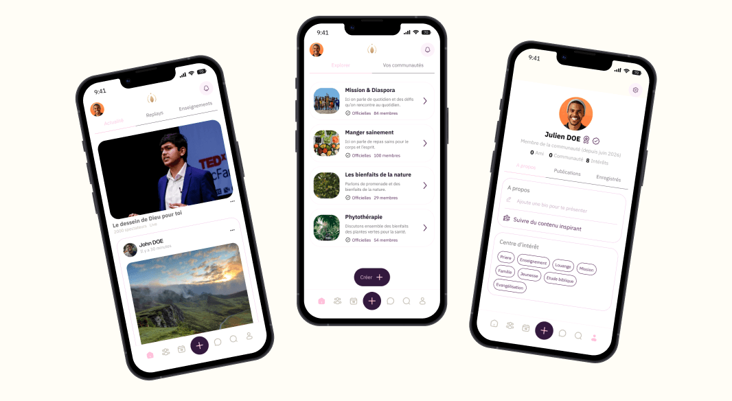 Aperçu des trois écrans de l'application